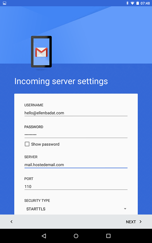 Incoming server settings